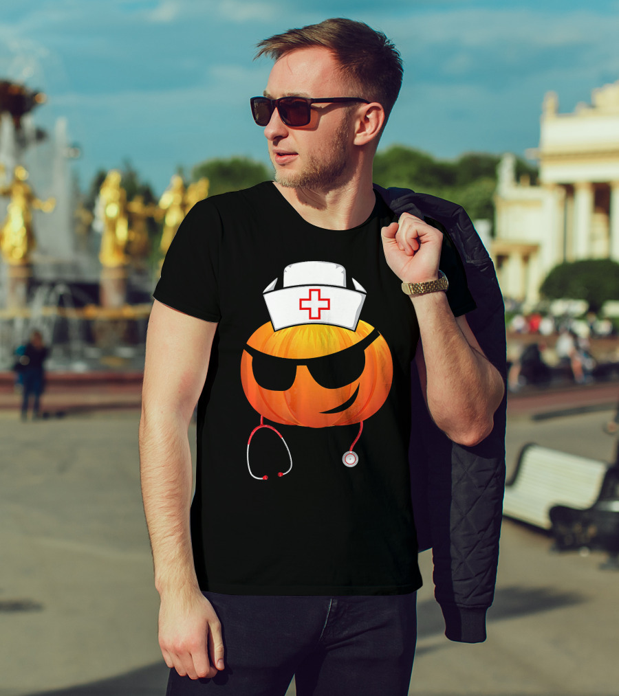 Smiling Pumpkin Nurse Emoji With Stethoscope Halloween T-Shirt