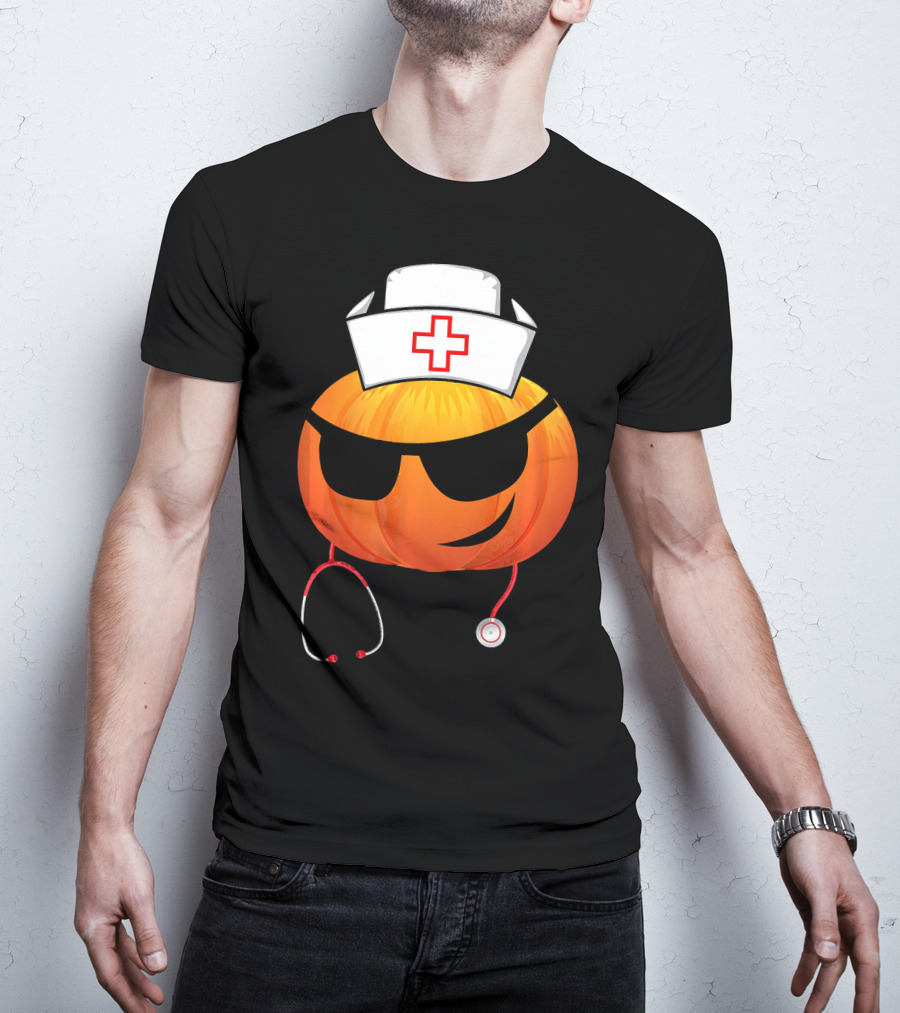 Smiling Pumpkin Nurse Emoji With Stethoscope Halloween T-Shirt