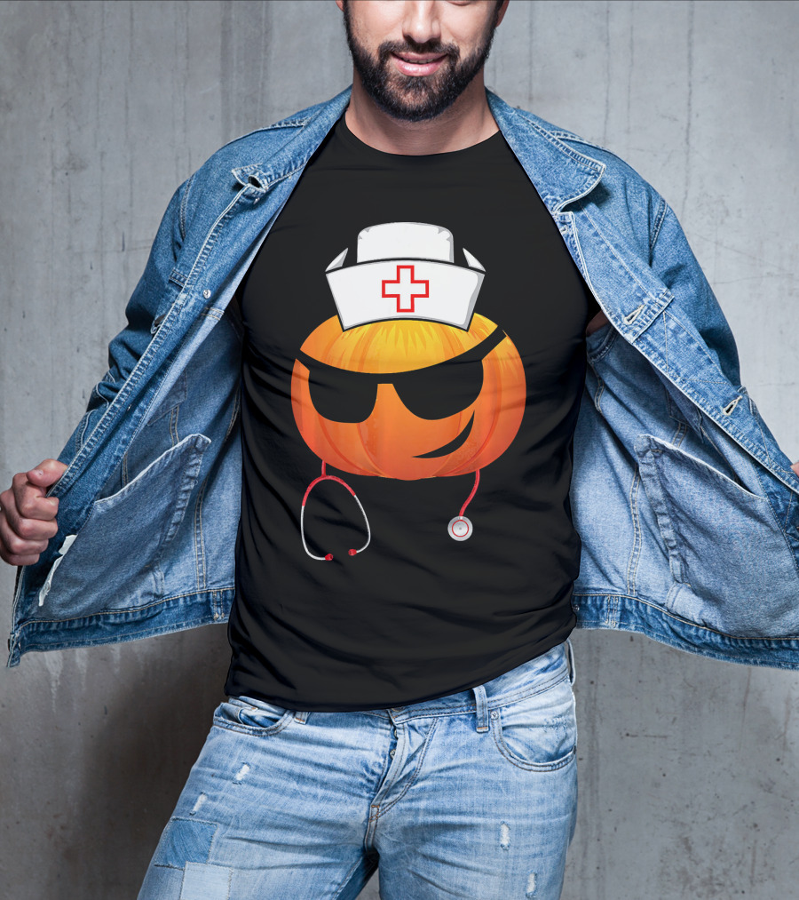 Smiling Pumpkin Nurse Emoji With Stethoscope Halloween T-Shirt