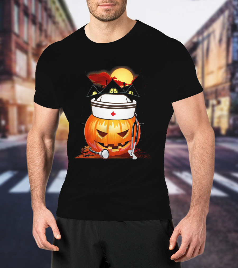 Nurse Pumpkin Halloween With Stethoscope And Haunted House T-Shirt