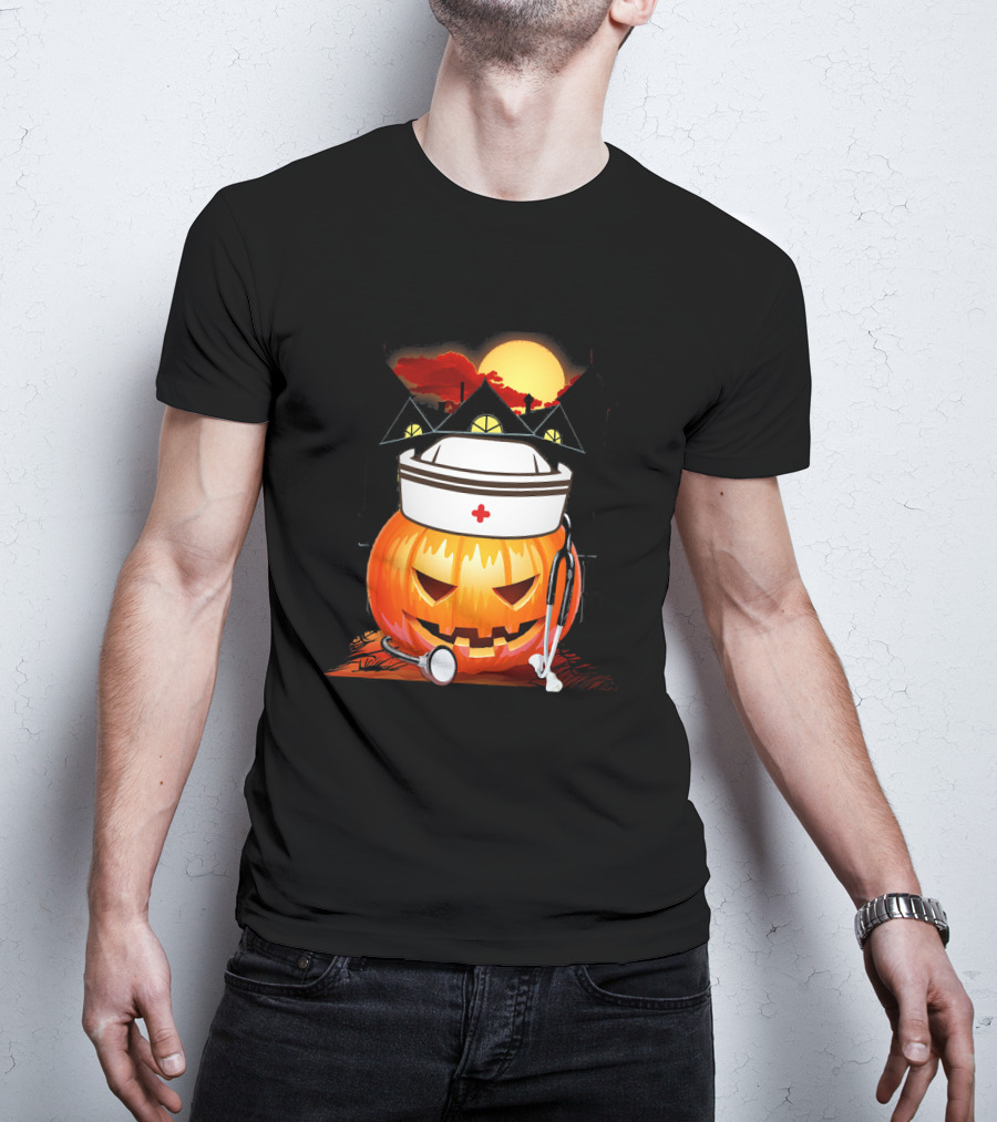 Nurse Pumpkin Halloween With Stethoscope And Haunted House T-Shirt