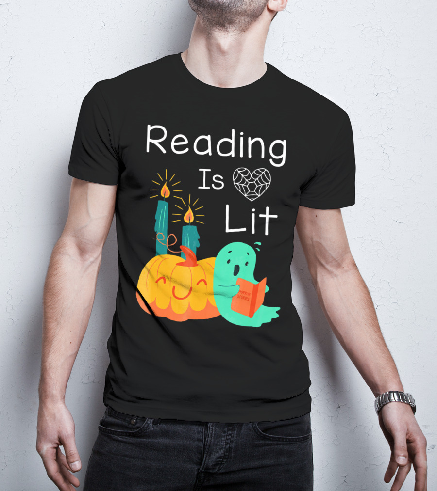 Reading Is Lit Teacher Librarian Halloween Costume Pumpkin Ghost Candles T-Shirt