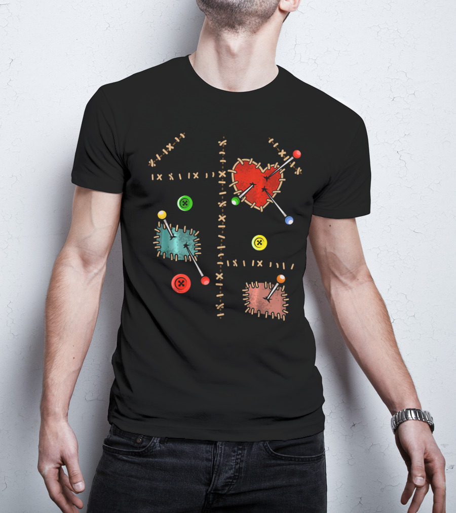 Voodoo Doll Halloween Costume With Heart And Button Patches T-Shirt