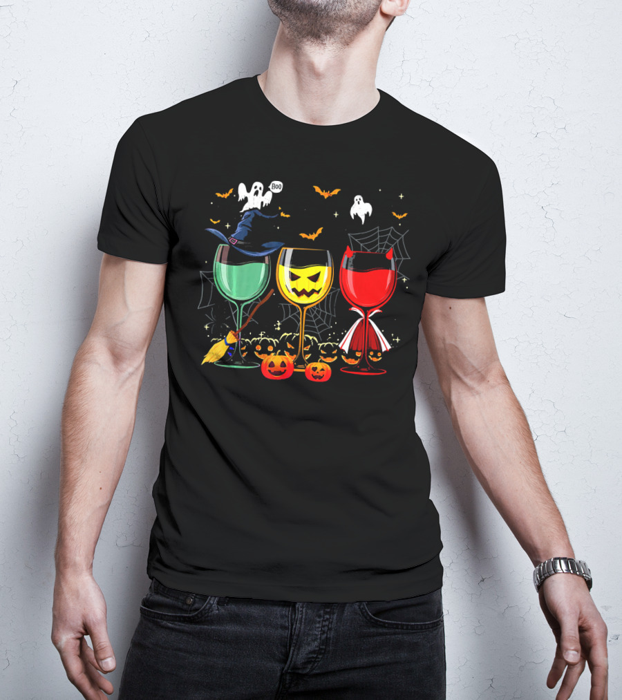 Halloween Witches Pumpkin Ghost Devil Wine Glasses T-Shirt