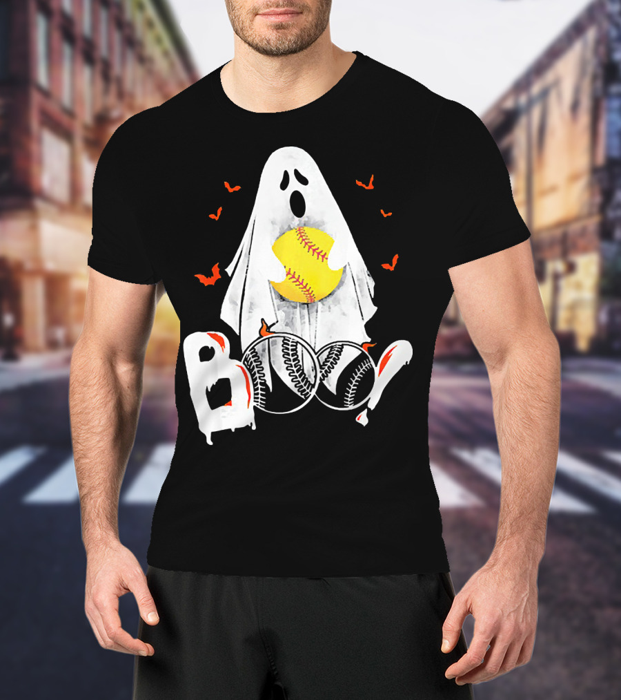 Ghostly Boo Softball With Yellow Softball And Bats T-Shirt
