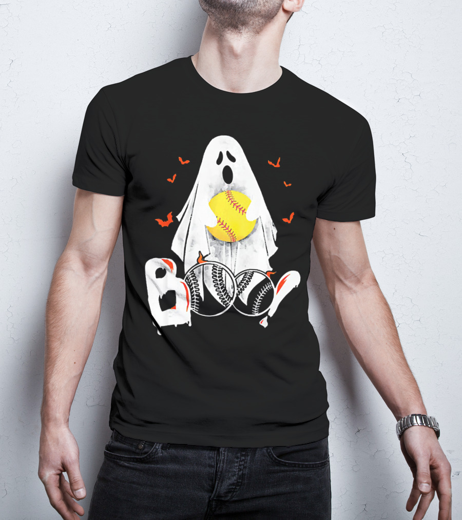 Ghostly Boo Softball With Yellow Softball And Bats T-Shirt