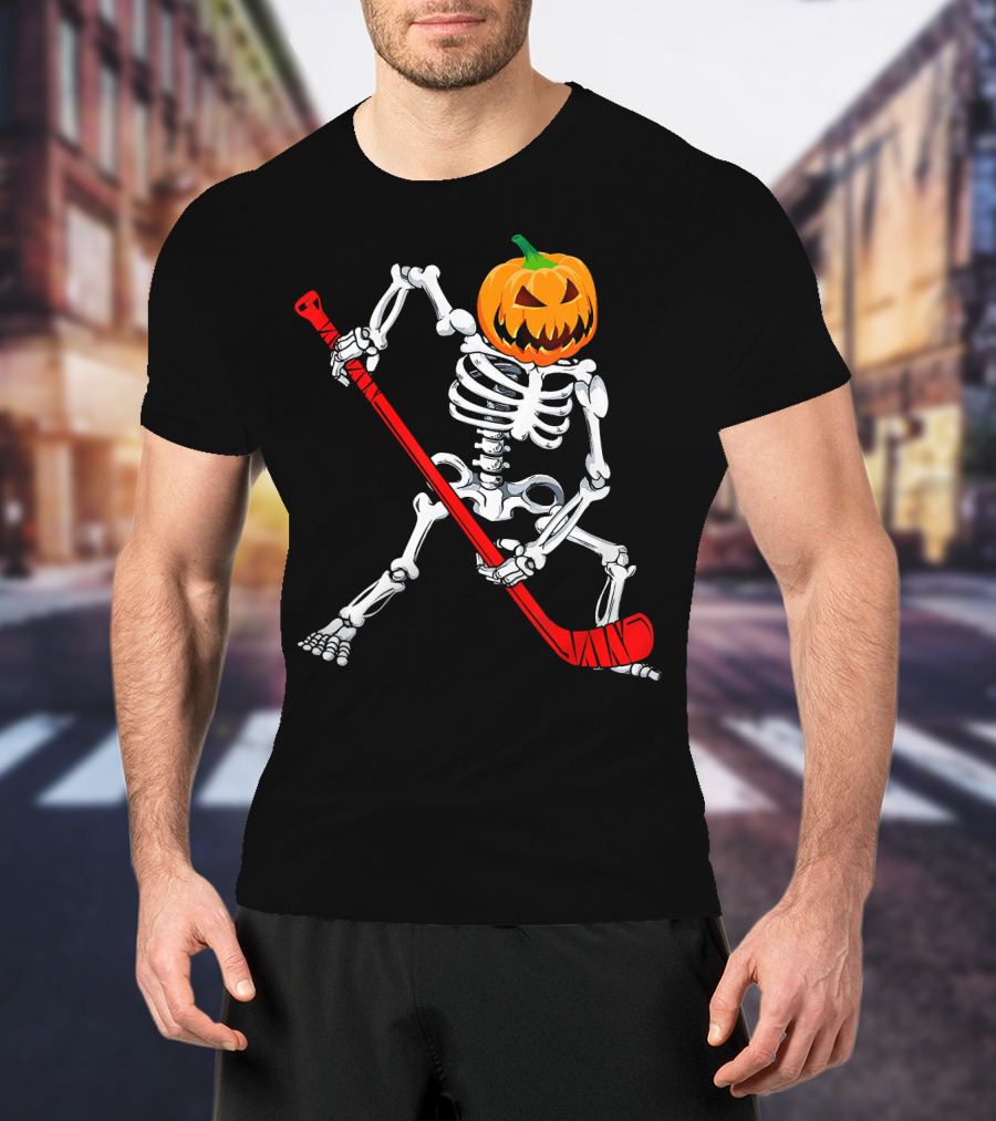 Halloween Skeleton With Pumpkin Head Playing Hockey T-Shirt