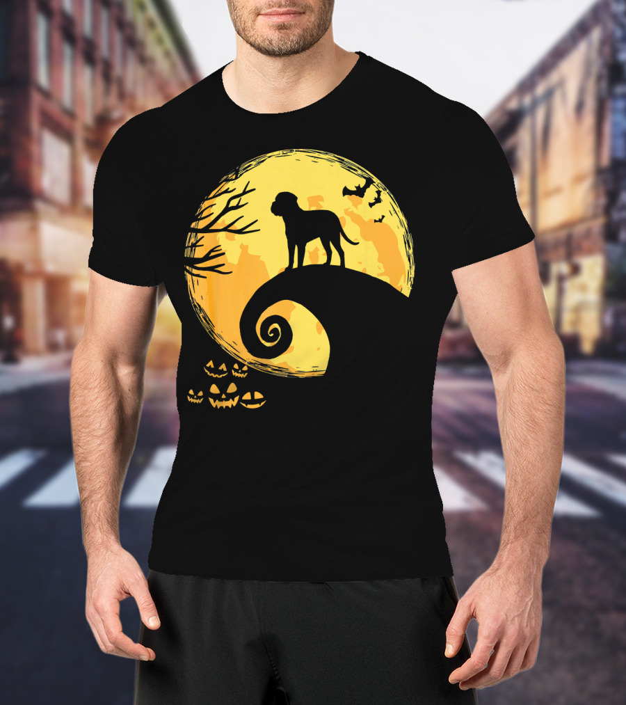 Bullmastiff Silhouette Moonlit Halloween Scene With Pumpkins And Bats T-Shirt