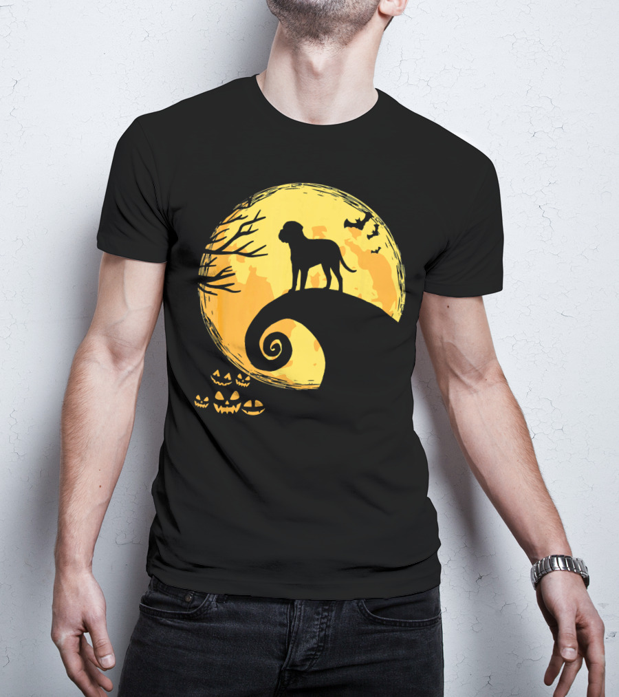 Bullmastiff Silhouette Moonlit Halloween Scene With Pumpkins And Bats T-Shirt