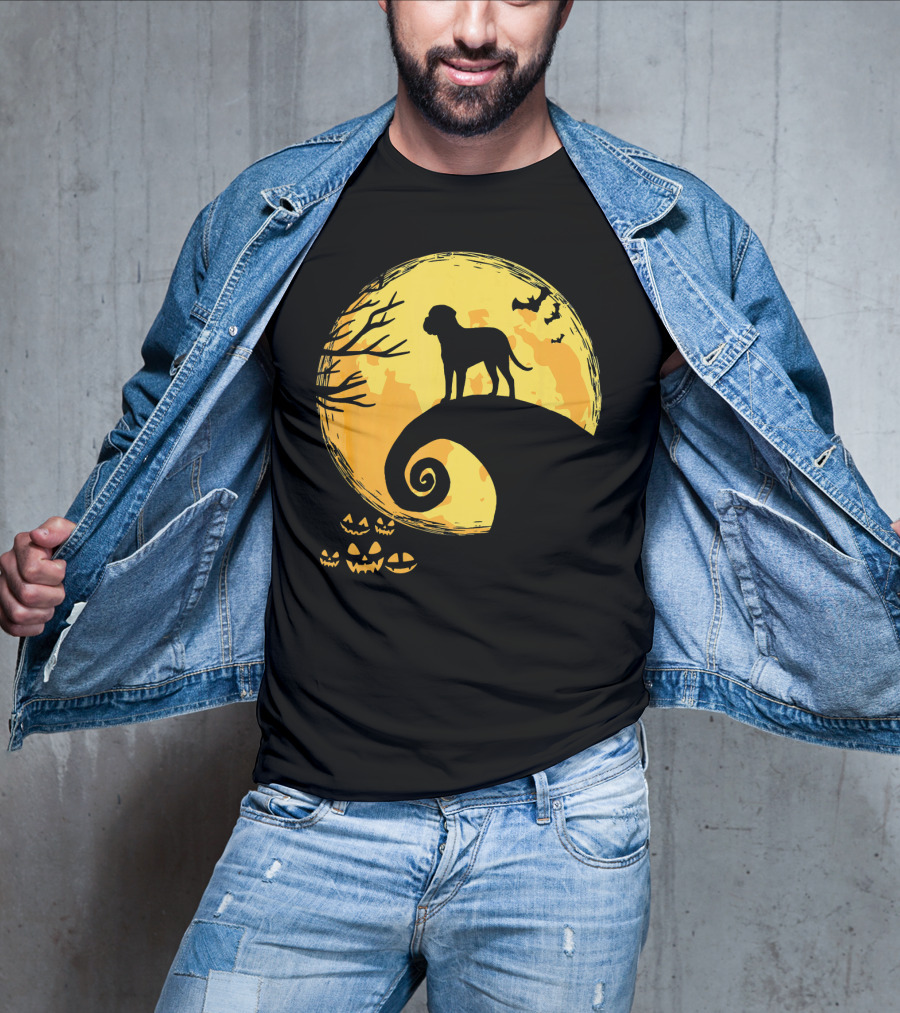 Bullmastiff Silhouette Moonlit Halloween Scene With Pumpkins And Bats T-Shirt
