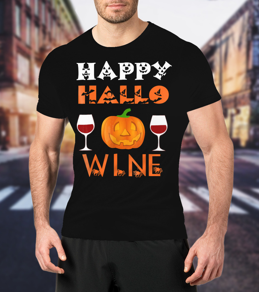 Happy Halloween Pumpkin Wine Glasses Spooky Bats And Spiders T-Shirt