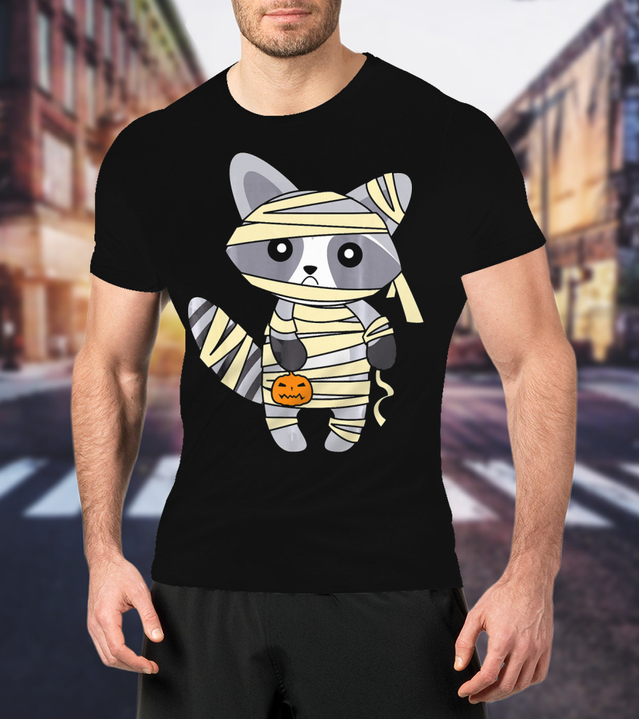 Mummy Raccoon Halloween With Jack-O'-Lantern T-Shirt