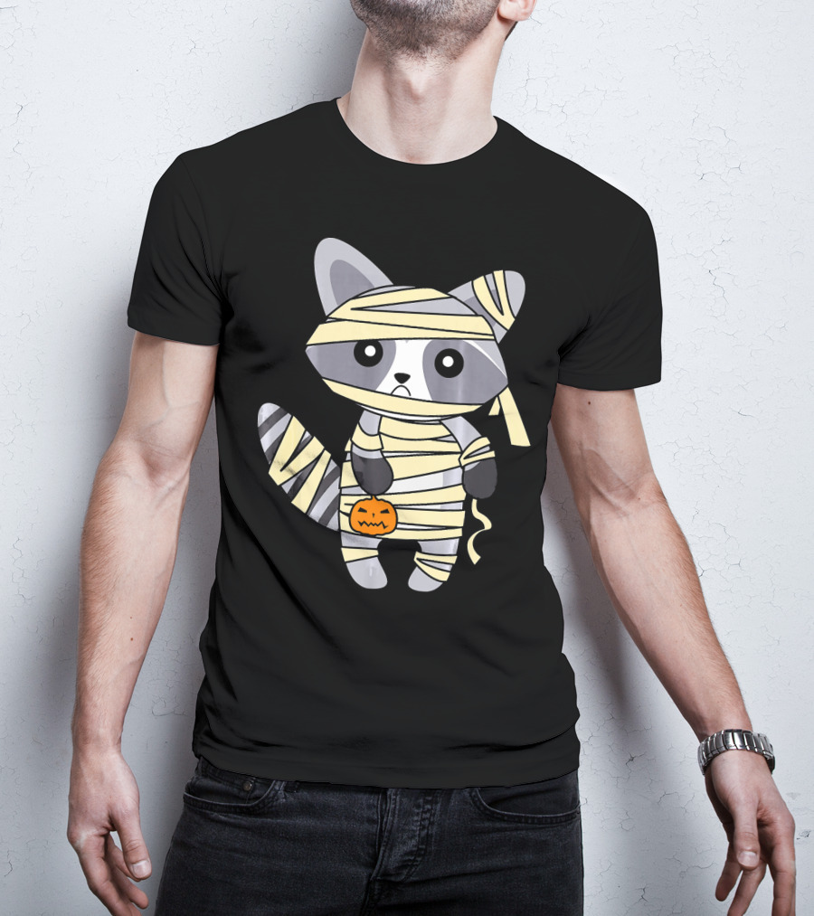 Mummy Raccoon Halloween With Jack-O'-Lantern T-Shirt