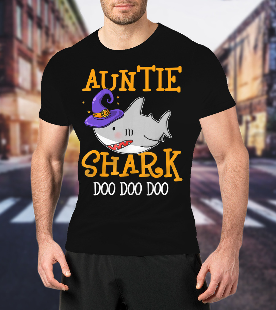 Auntie Shark Doo Doo Doo Funny Halloween With Witch Hat T-Shirt