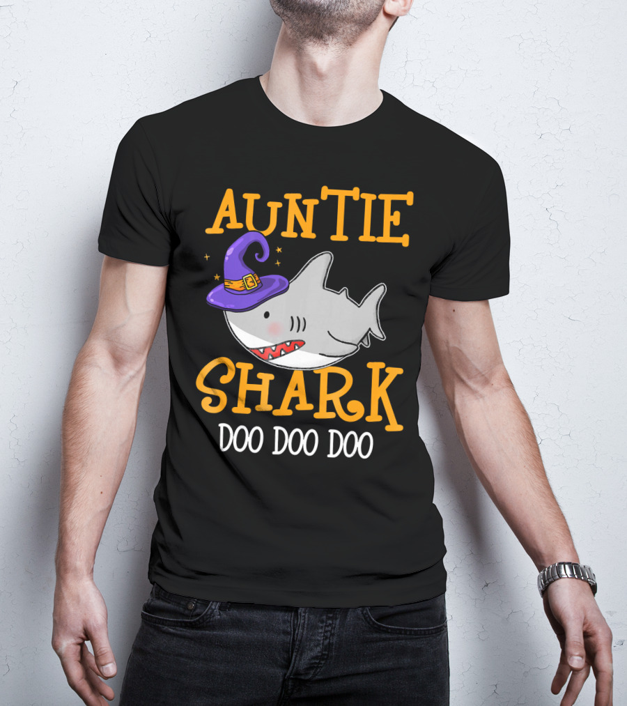 Auntie Shark Doo Doo Doo Funny Halloween With Witch Hat T-Shirt