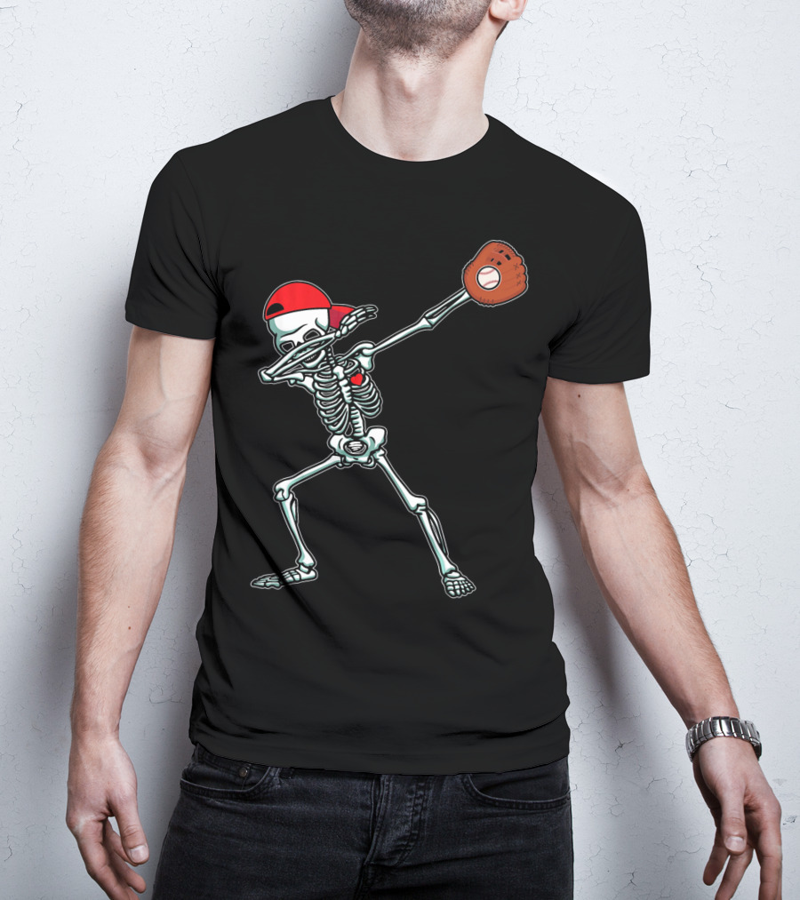 Dabbing Skeleton Baseball Dab Hi Red Cap Glove T-Shirt