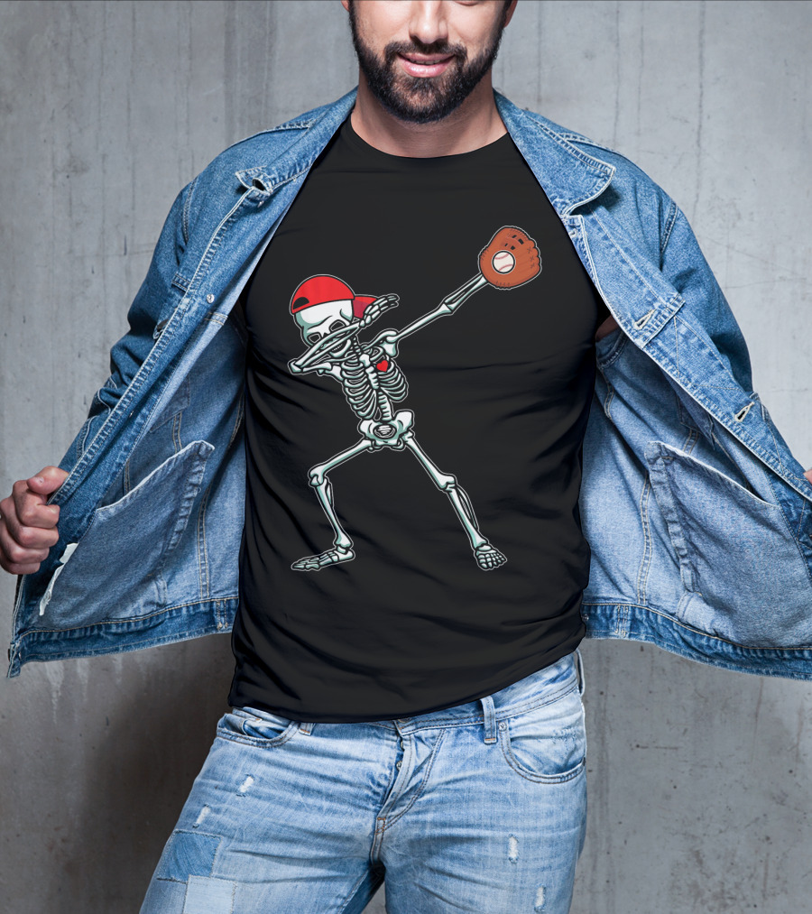 Dabbing Skeleton Baseball Dab Hi Red Cap Glove T-Shirt