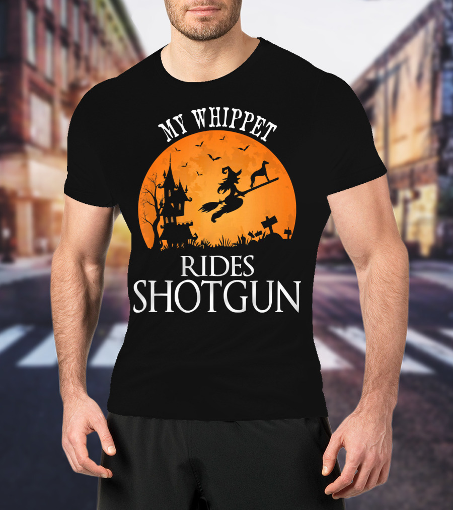 My Whippet Rides Shotgun Witch Broomstick Halloween Scene T-Shirt