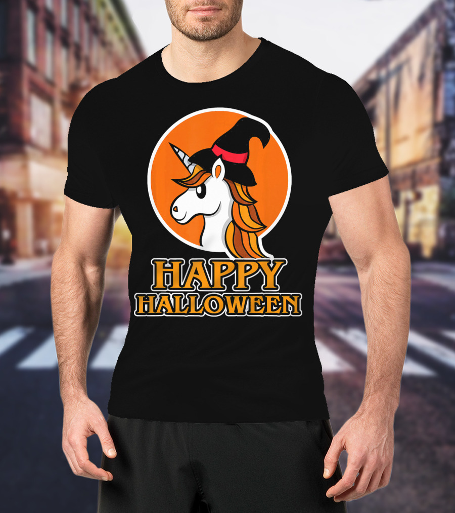 Happy Halloween Unicorn With Witch Hat T-Shirt
