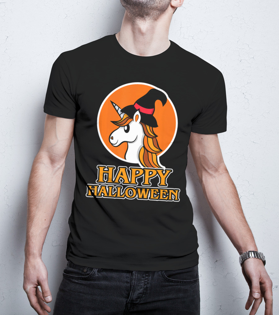 Happy Halloween Unicorn With Witch Hat T-Shirt