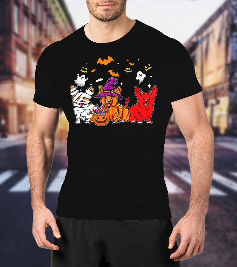 Corgi Dog Halloween Ghosts Pumpkins Mummy Witch T-Shirt