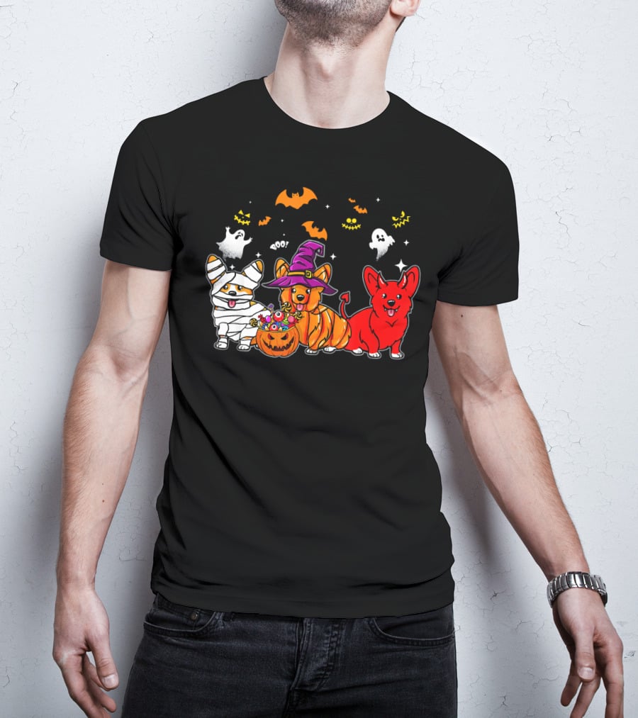 Corgi Dog Halloween Ghosts Pumpkins Mummy Witch T-Shirt