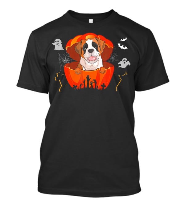 St Bernard Dog In Pumpkin With Ghosts And Bats For Halloween T-Shirt