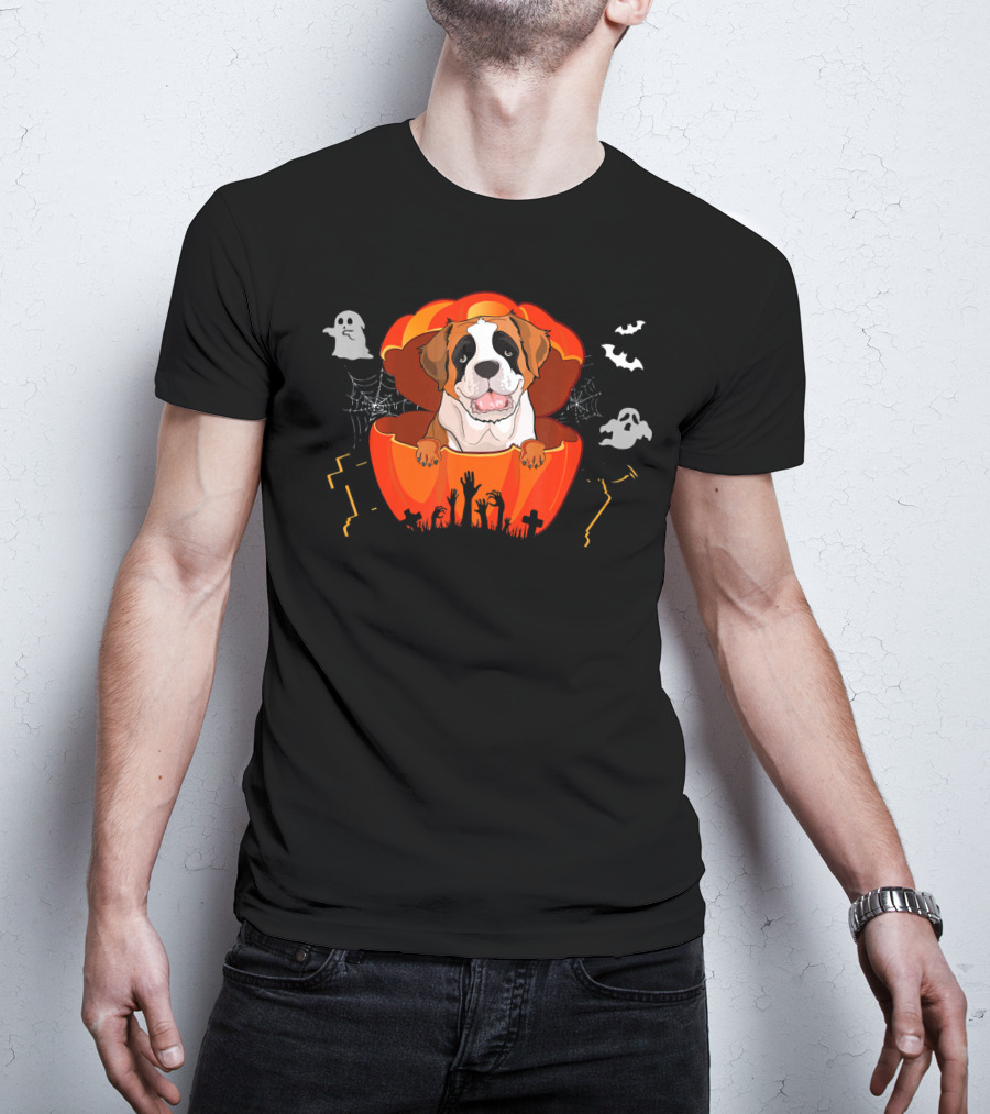 St Bernard Dog In Pumpkin With Ghosts And Bats For Halloween T-Shirt