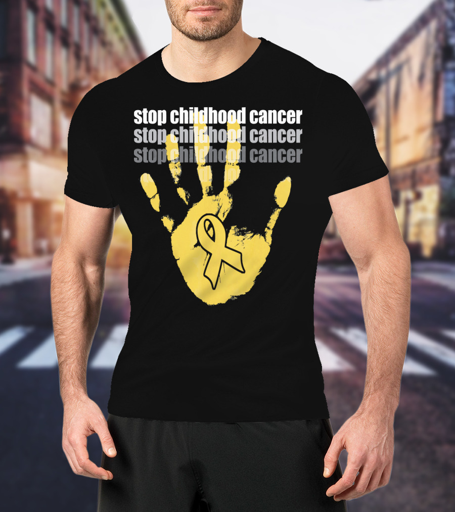 Stop Childhood Cancer Yellow Handprint Ribbon Awareness T-Shirt