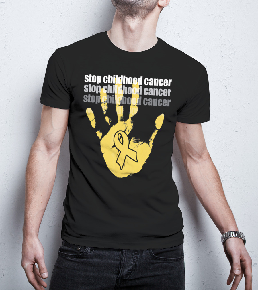 Stop Childhood Cancer Yellow Handprint Ribbon Awareness T-Shirt