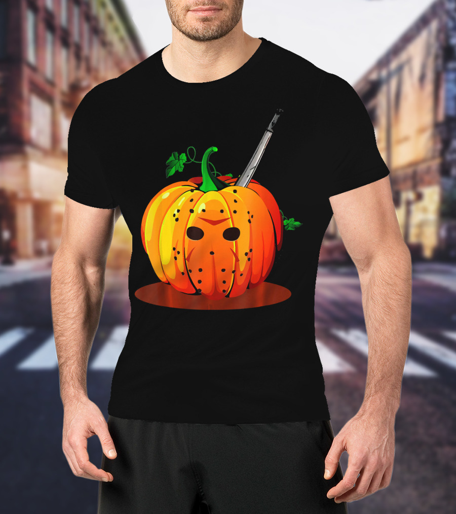 Horror Pumpkin Halloween Scary Face Knife T-Shirt