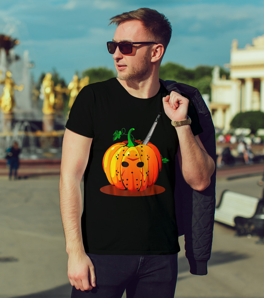 Horror Pumpkin Halloween Scary Face Knife T-Shirt