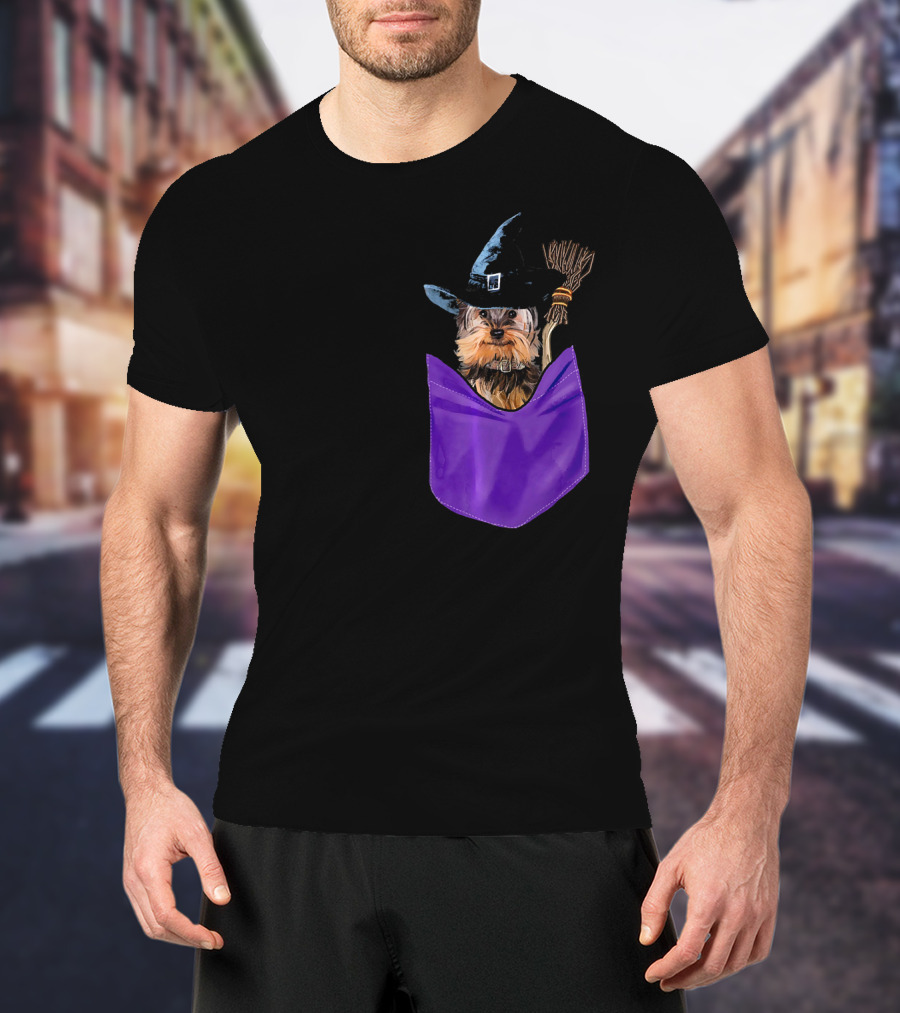Yorkie Witch In Pocket With Broomstick T-Shirt