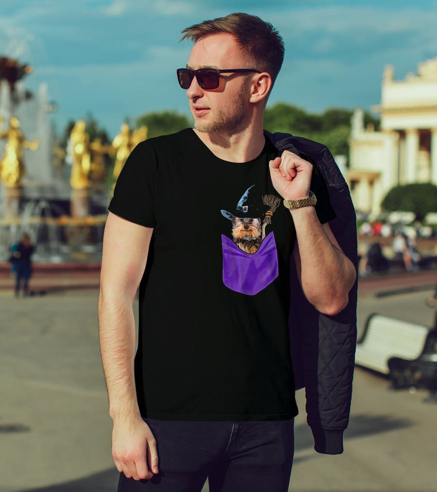 Yorkie Witch In Pocket With Broomstick T-Shirt