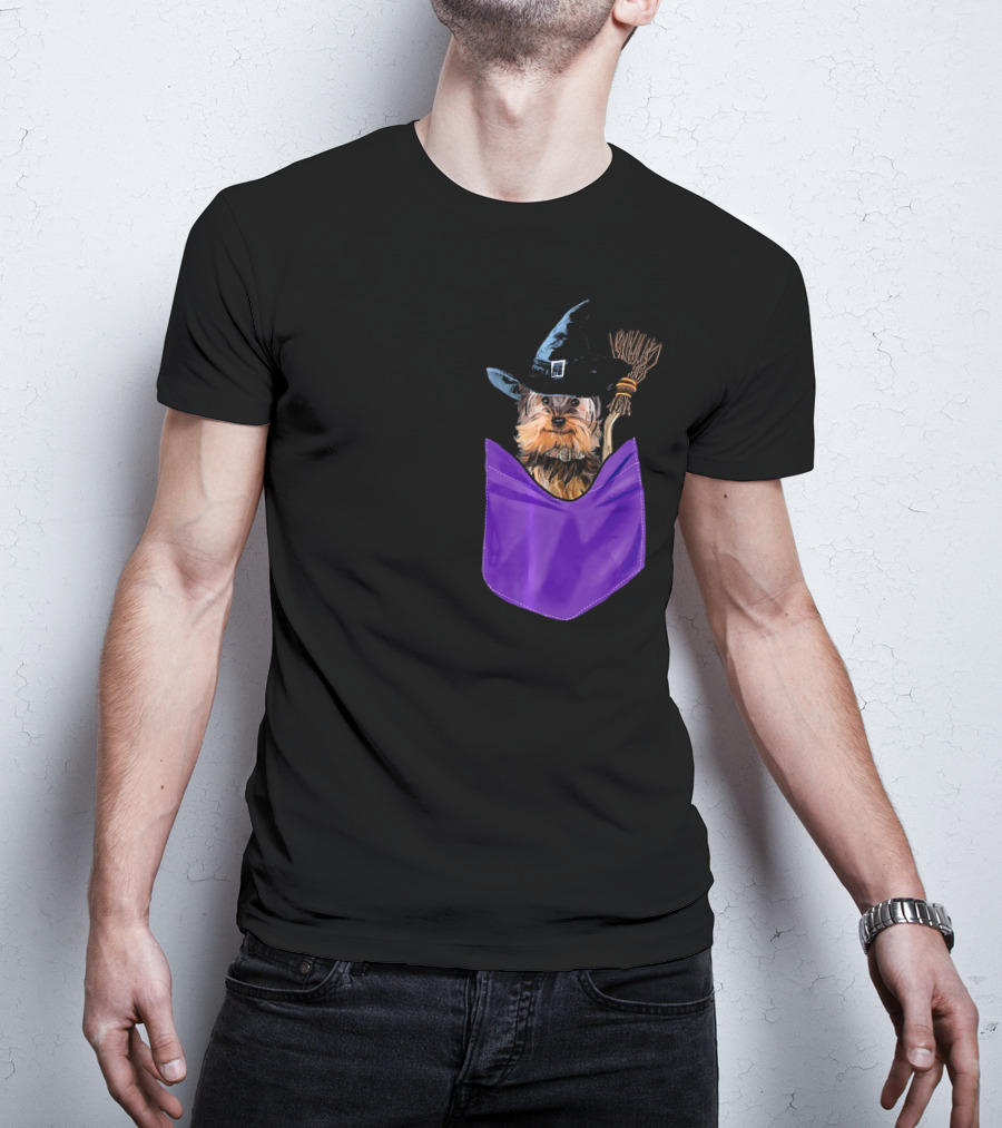Yorkie Witch In Pocket With Broomstick T-Shirt