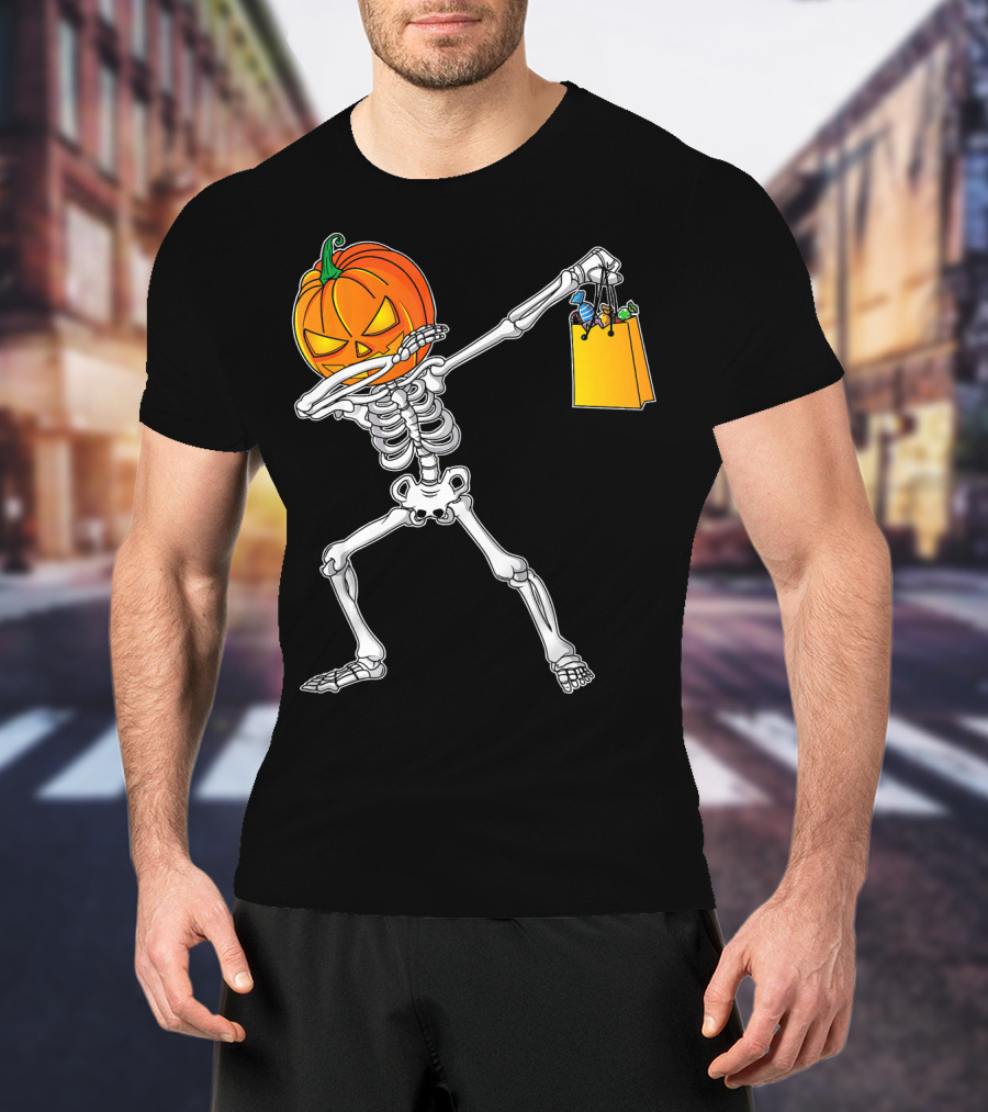 Halloween Kids Pumpkin Skeleton Dabbing With Candy Bag T-Shirt