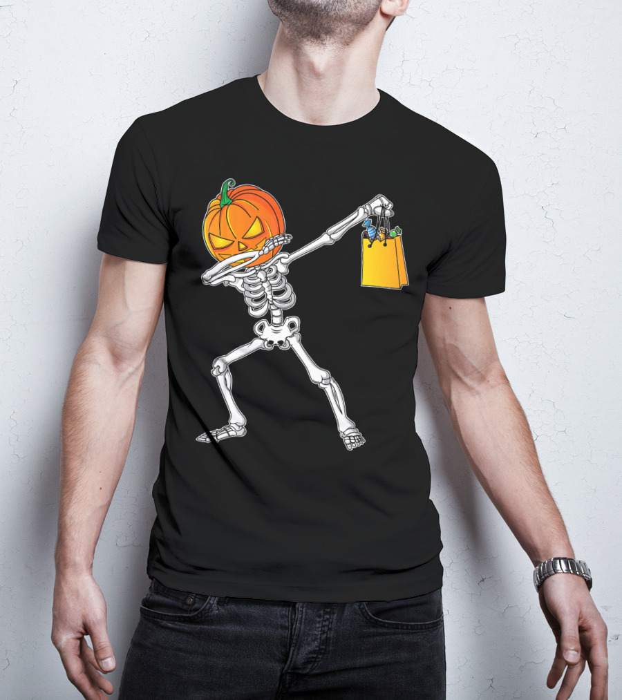 Halloween Kids Pumpkin Skeleton Dabbing With Candy Bag T-Shirt