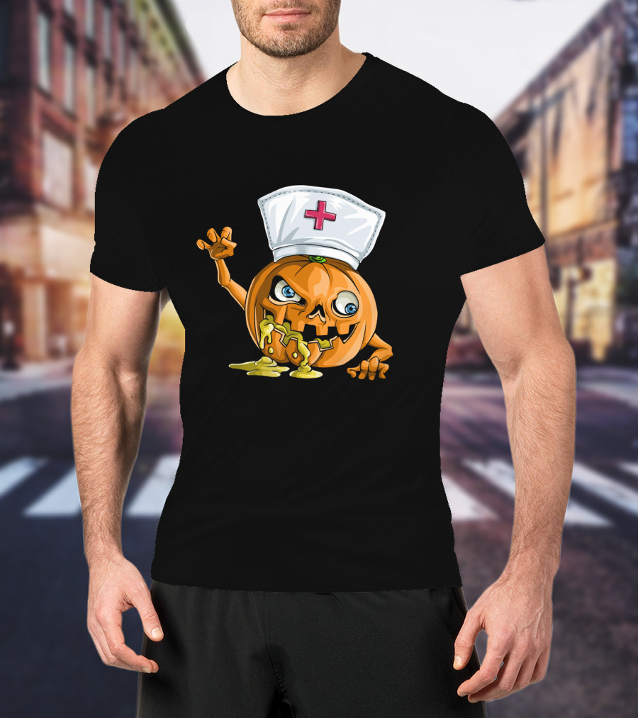 Zombie Pumpkin Nurse Funny Halloween Horror T-Shirt