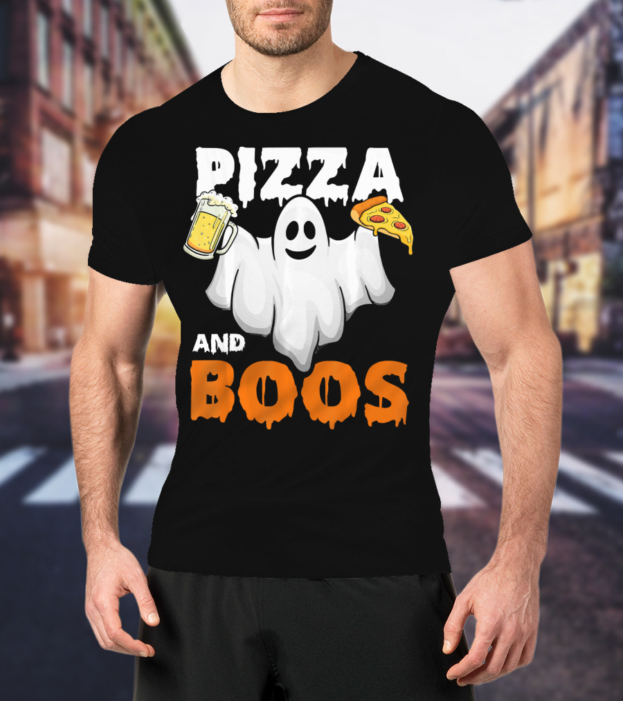 Pizza And Boos Ghost Holding Beer And Pizza Slice Halloween Funny Ghost Drinking Beer T-Shirt
