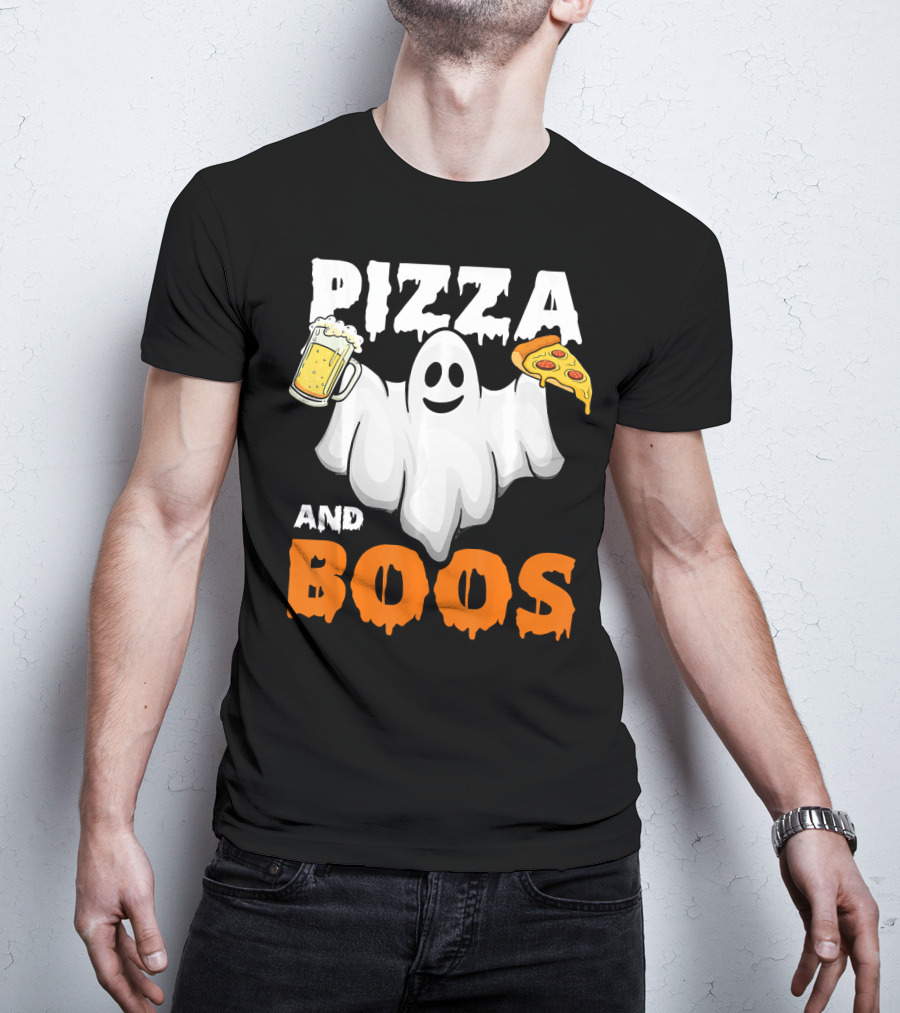 Pizza And Boos Ghost Holding Beer And Pizza Slice Halloween Funny Ghost Drinking Beer T-Shirt