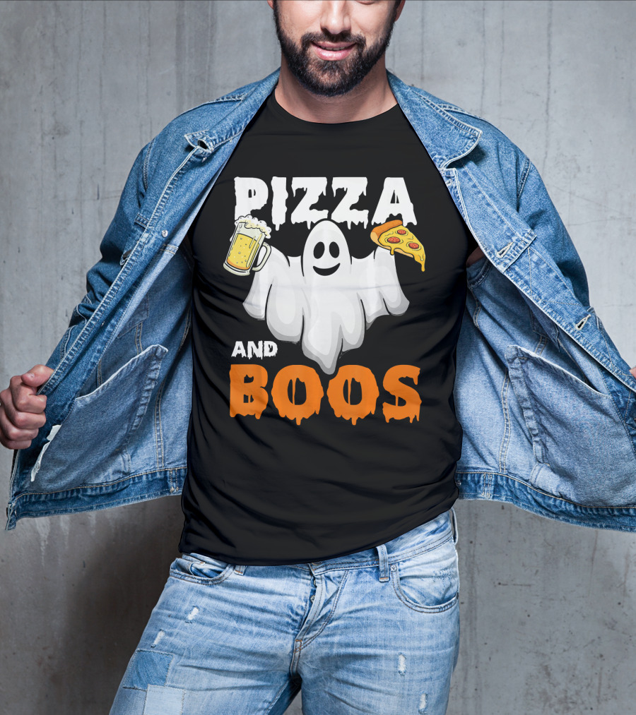 Pizza And Boos Ghost Holding Beer And Pizza Slice Halloween Funny Ghost Drinking Beer T-Shirt