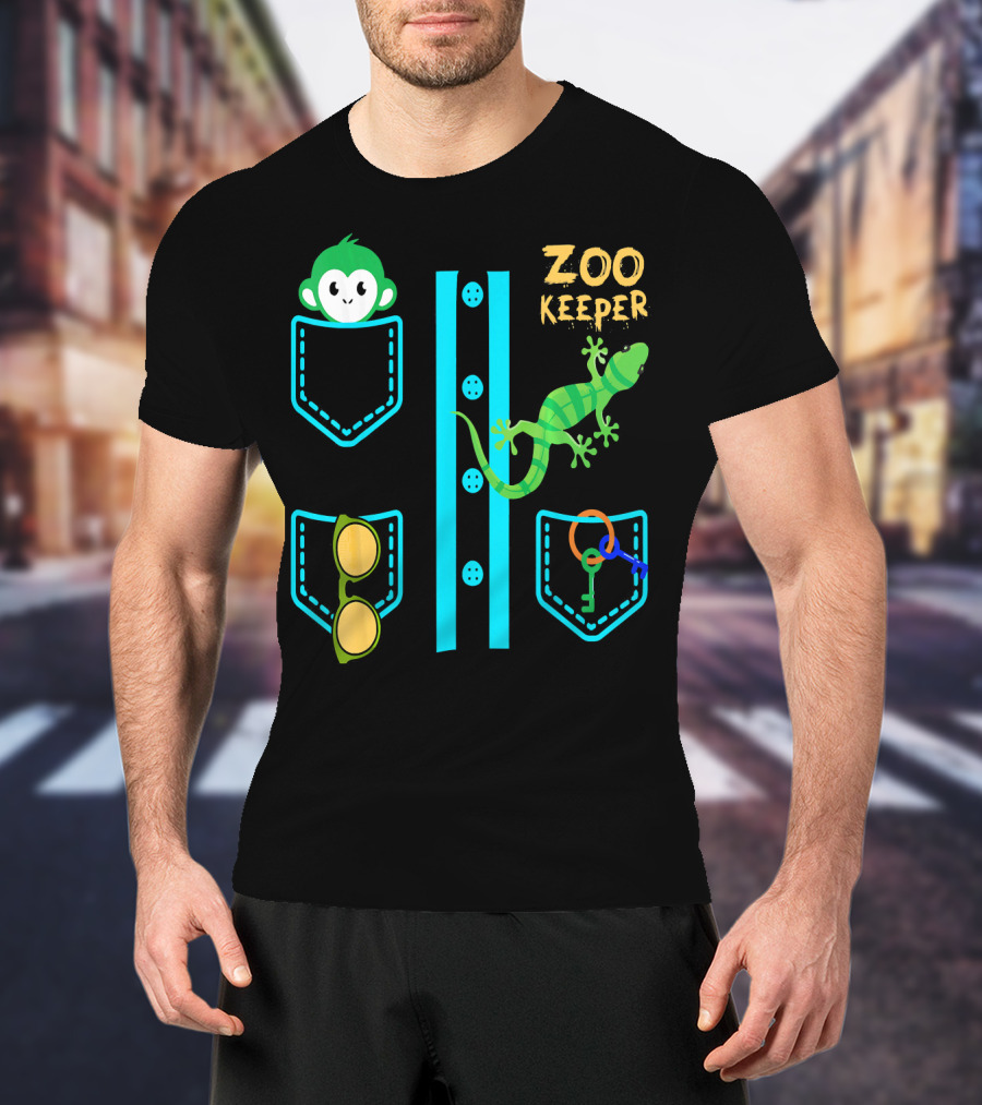 Zoo Keeper Costume Halloween Monkey Lizard Pockets Keys Glasses T-Shirt
