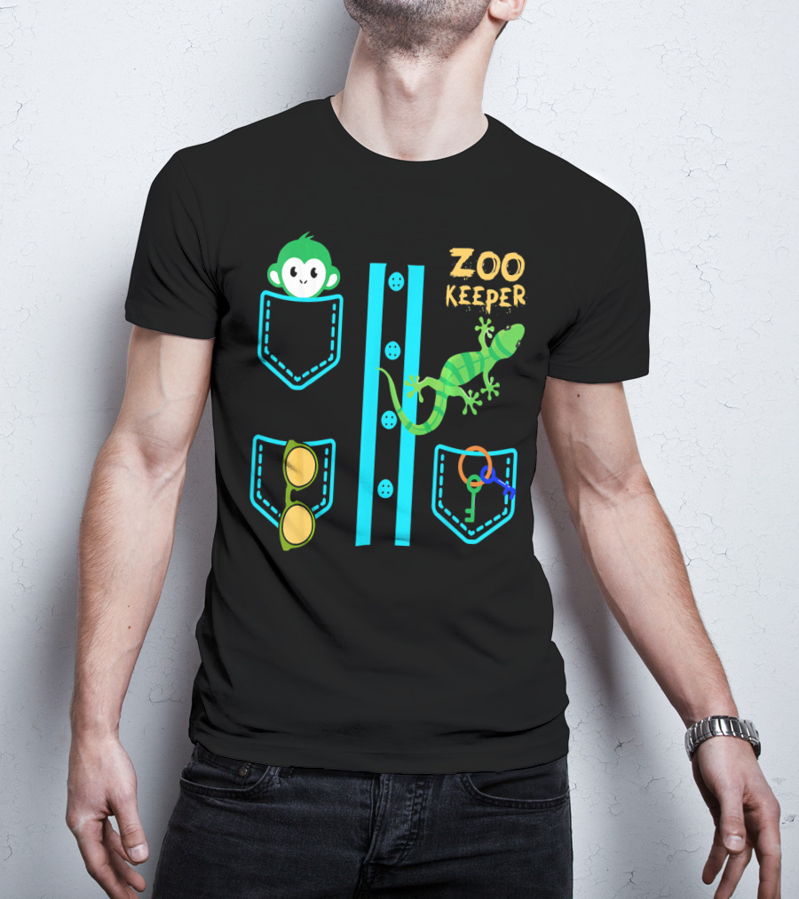 Zoo Keeper Costume Halloween Monkey Lizard Pockets Keys Glasses T-Shirt