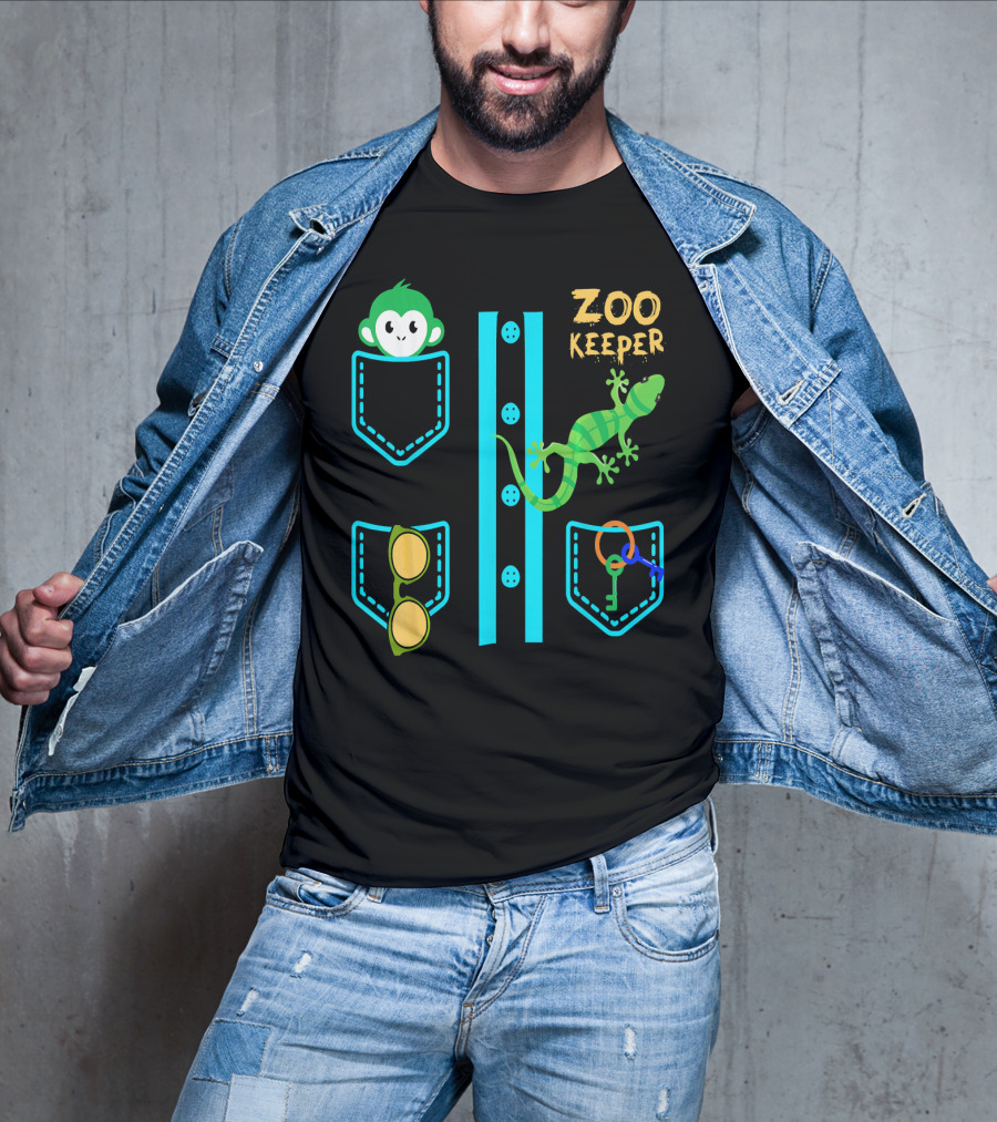 Zoo Keeper Costume Halloween Monkey Lizard Pockets Keys Glasses T-Shirt