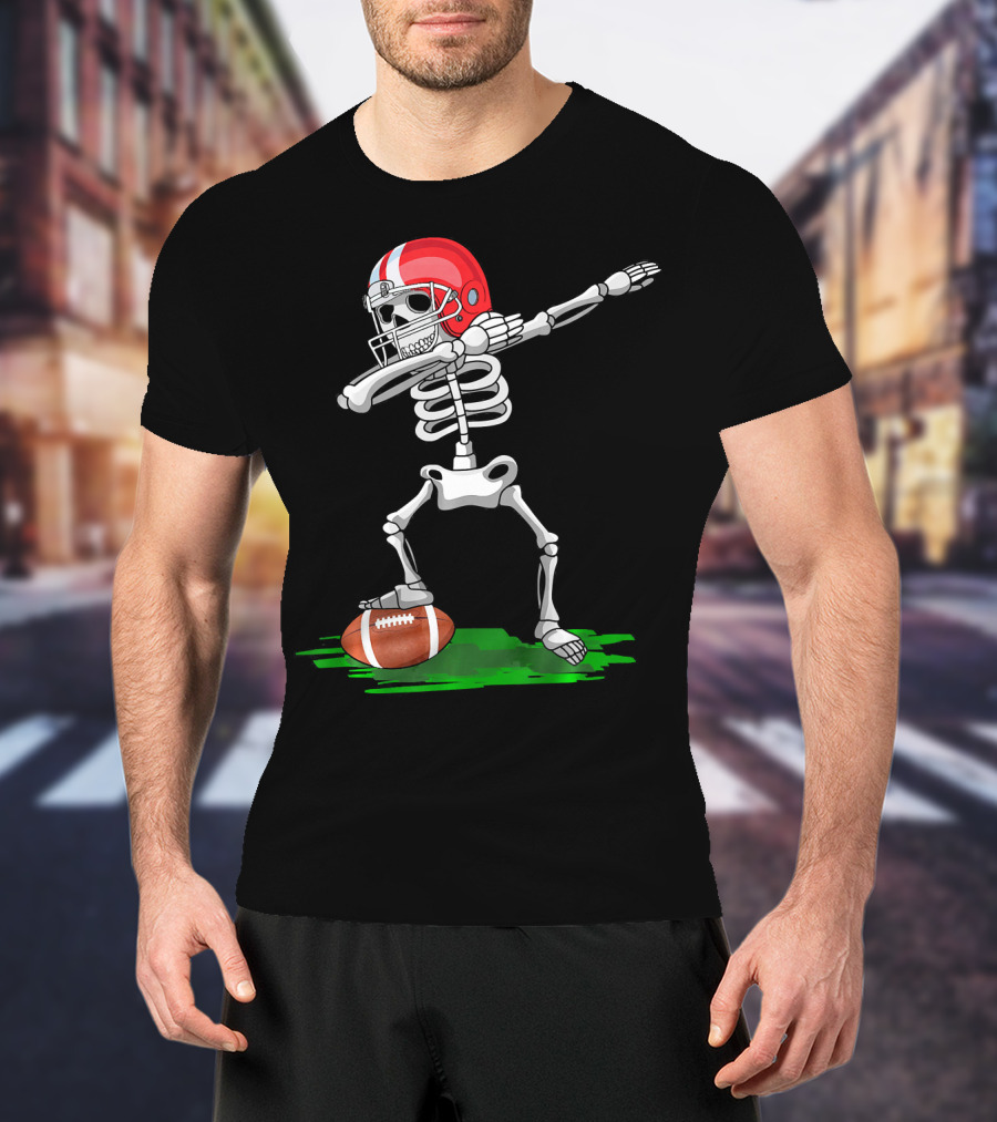 Dabbing Skeleton With Football And Red Helmet For Halloween T-Shirt