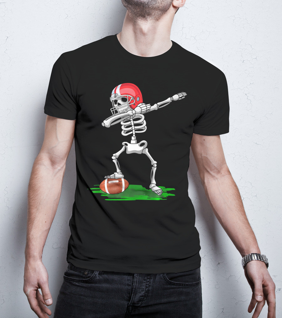 Dabbing Skeleton With Football And Red Helmet For Halloween T-Shirt