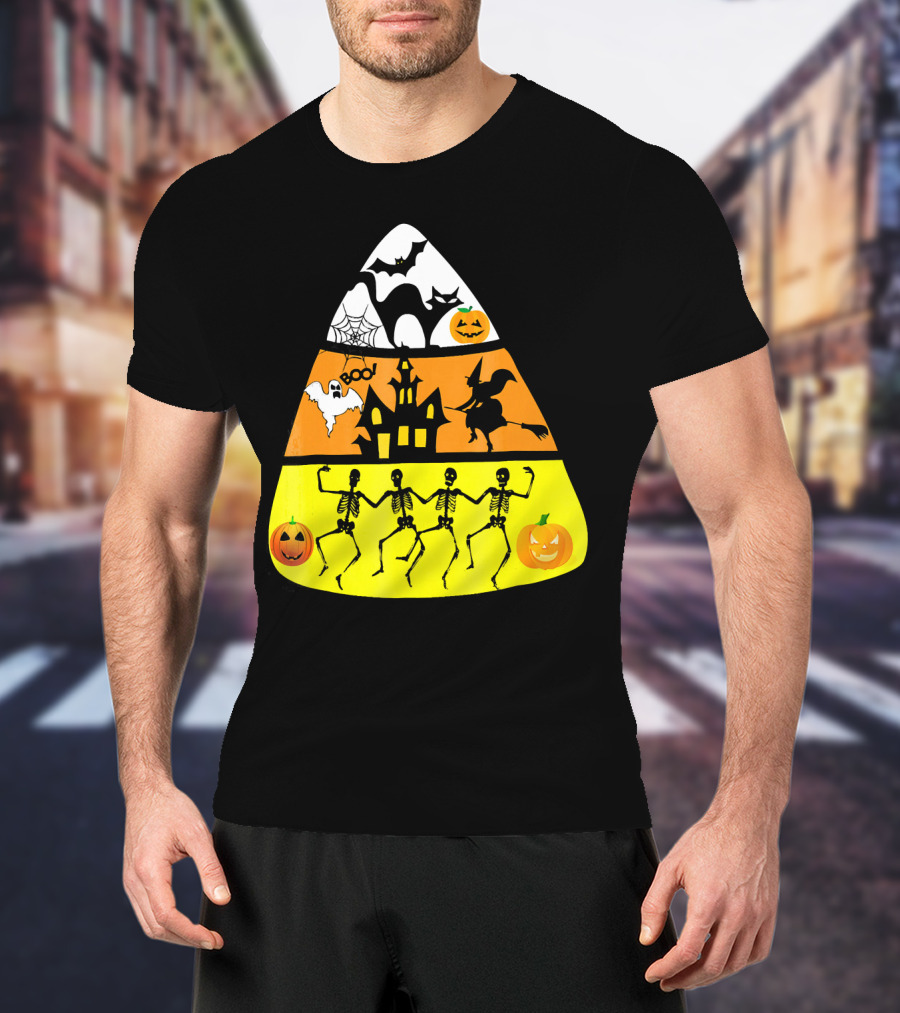 Candy Corn Halloween Scene Witch Skeletons Pumpkins Ghost Bats Haunted House Boo T-Shirt