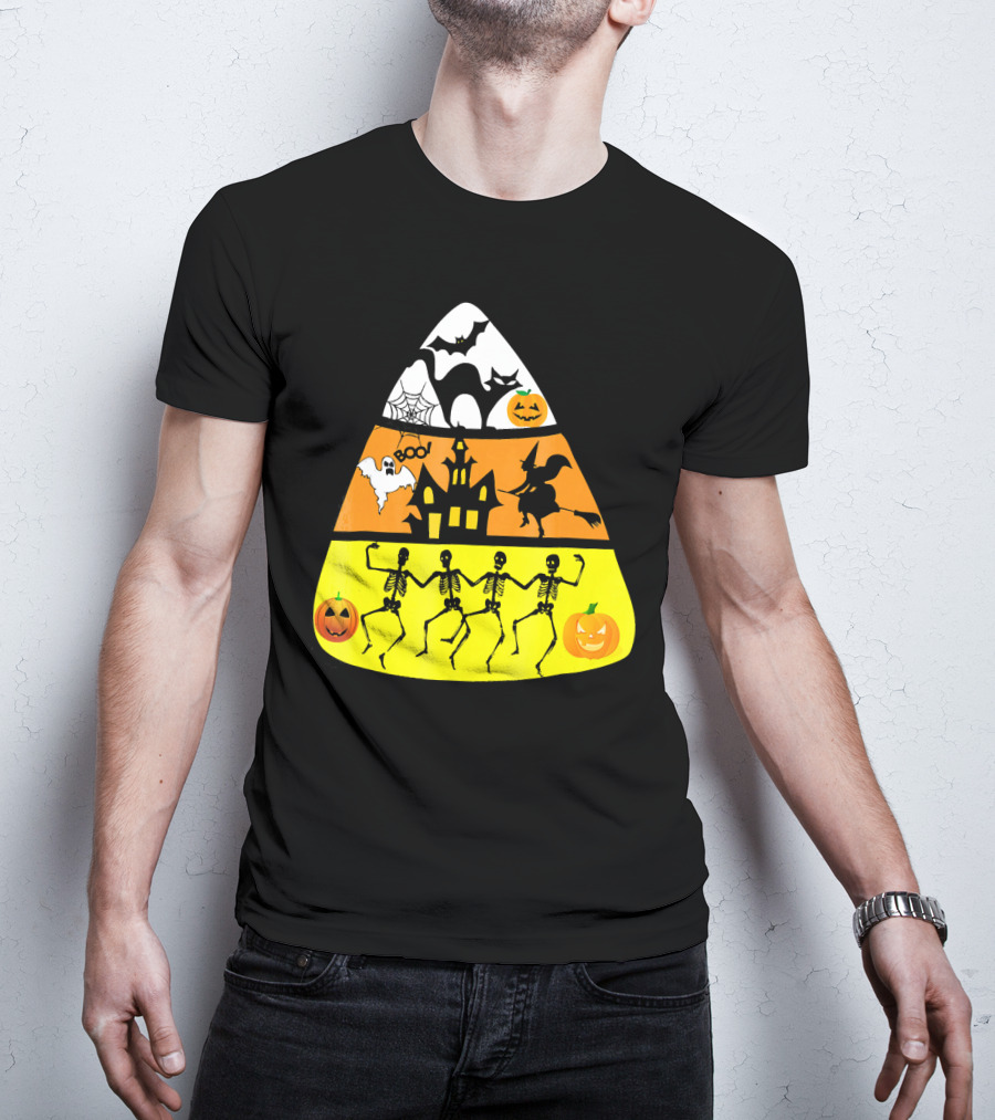 Candy Corn Halloween Scene Witch Skeletons Pumpkins Ghost Bats Haunted House Boo T-Shirt