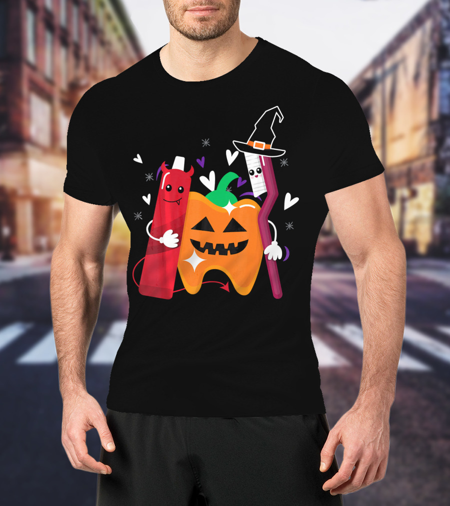 Happy Halloween Costume Toothbrush Tooth With Pumpkin And Toothpaste Characters T-Shirt