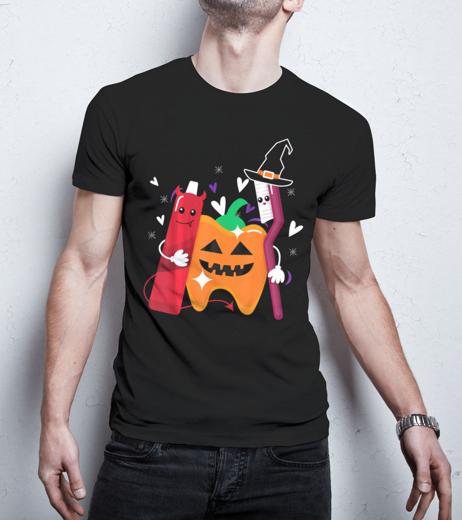 Happy Halloween Costume Toothbrush Tooth With Pumpkin And Toothpaste Characters T-Shirt